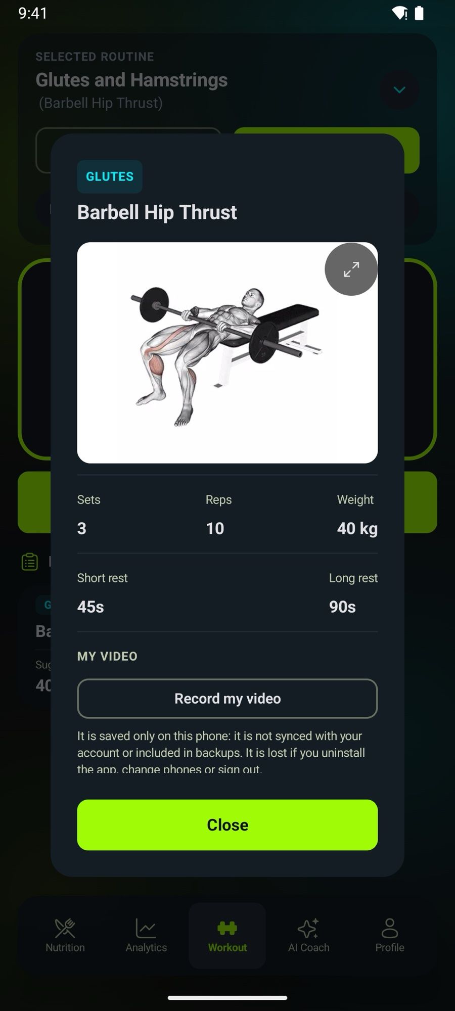Exercise detail with a video of the technique, sets and reps
