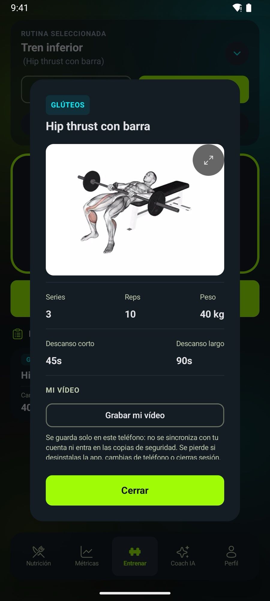 Detalle de un ejercicio con el vídeo de la técnica, las series y las repeticiones