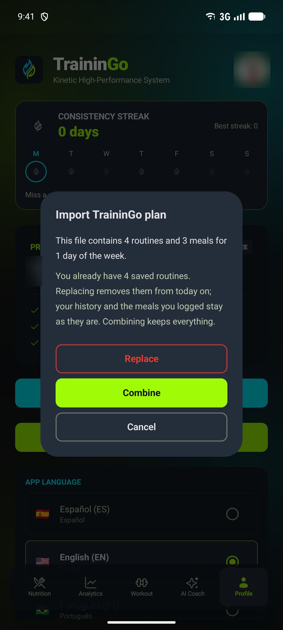 Import dialog with the Replace and Combine options