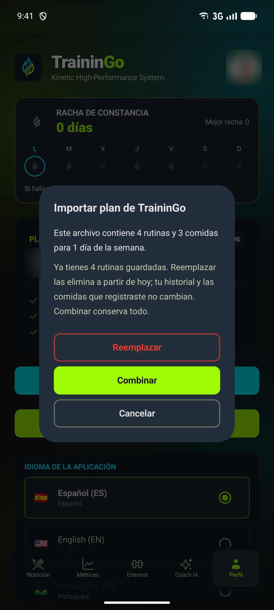 Diálogo de importación con las opciones Reemplazar y Combinar