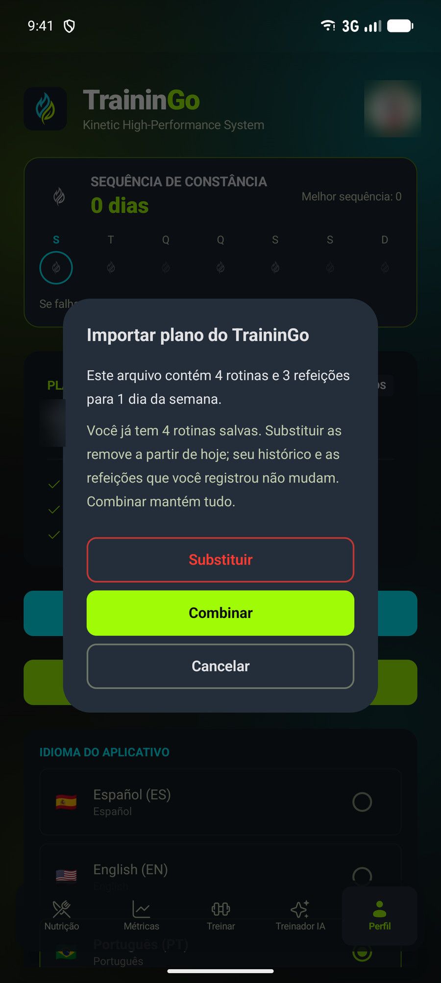 Diálogo de importação com as opções Substituir e Combinar