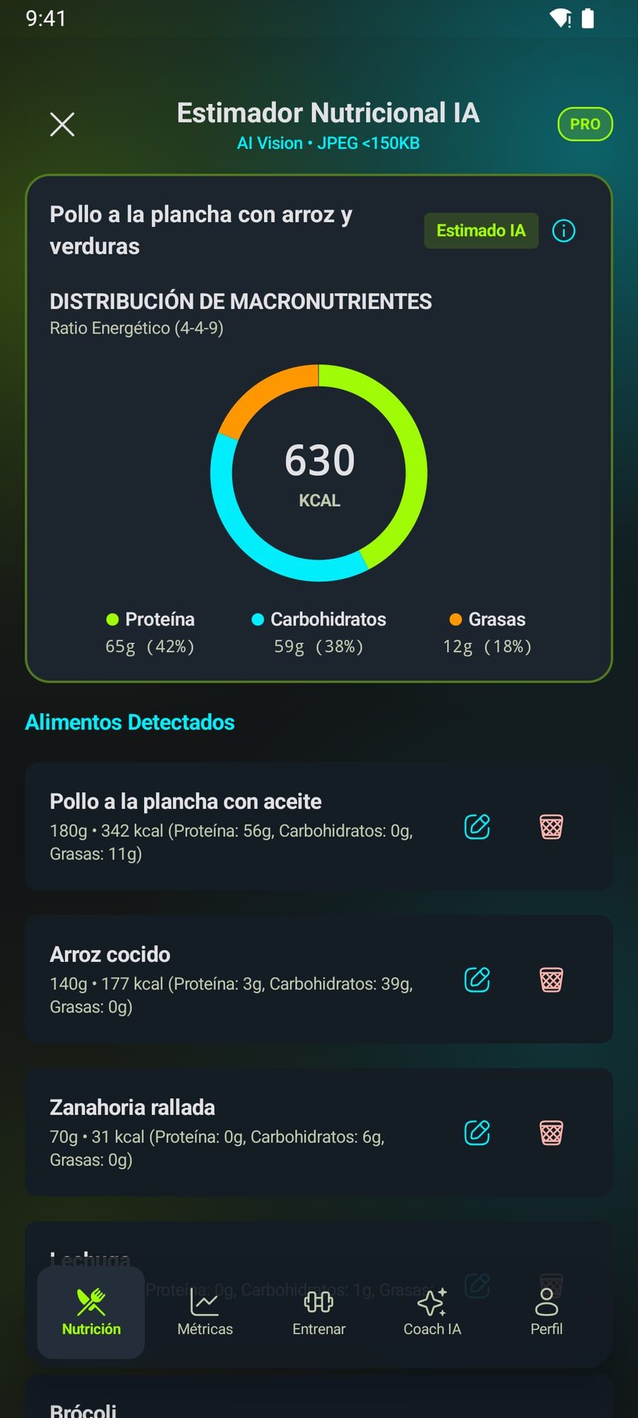 Resultado del estimador de calorías a partir de una foto