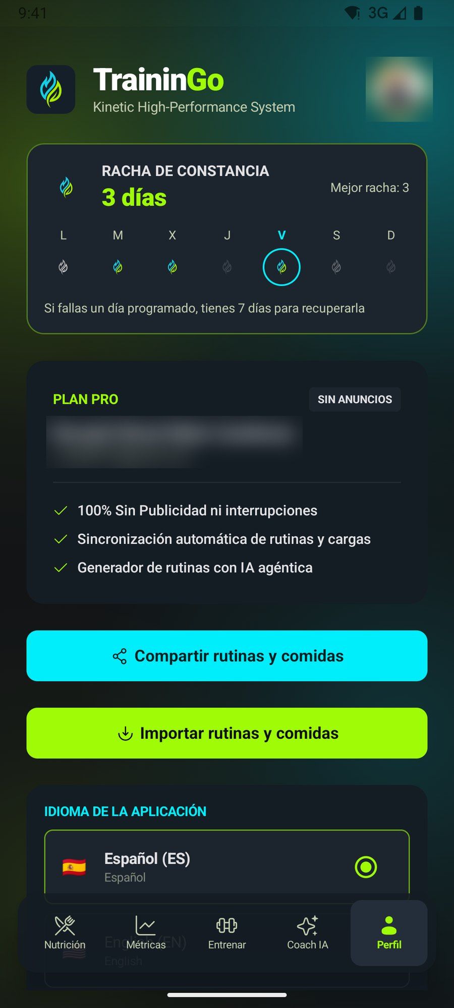 Perfil con la racha de constancia y las opciones para compartir