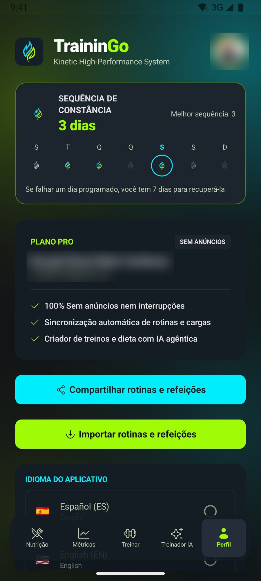 Perfil com a sequência de constância e as opções de compartilhamento
