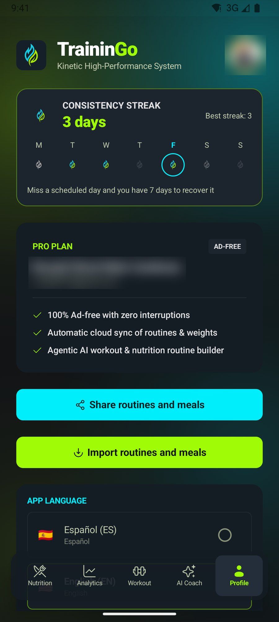 Profile with the consistency streak and sharing options