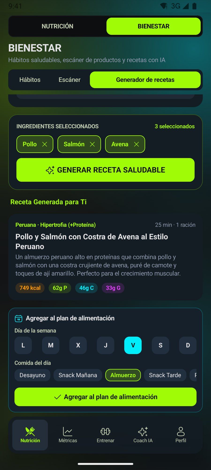 Receta generada por IA con ingredientes y macros