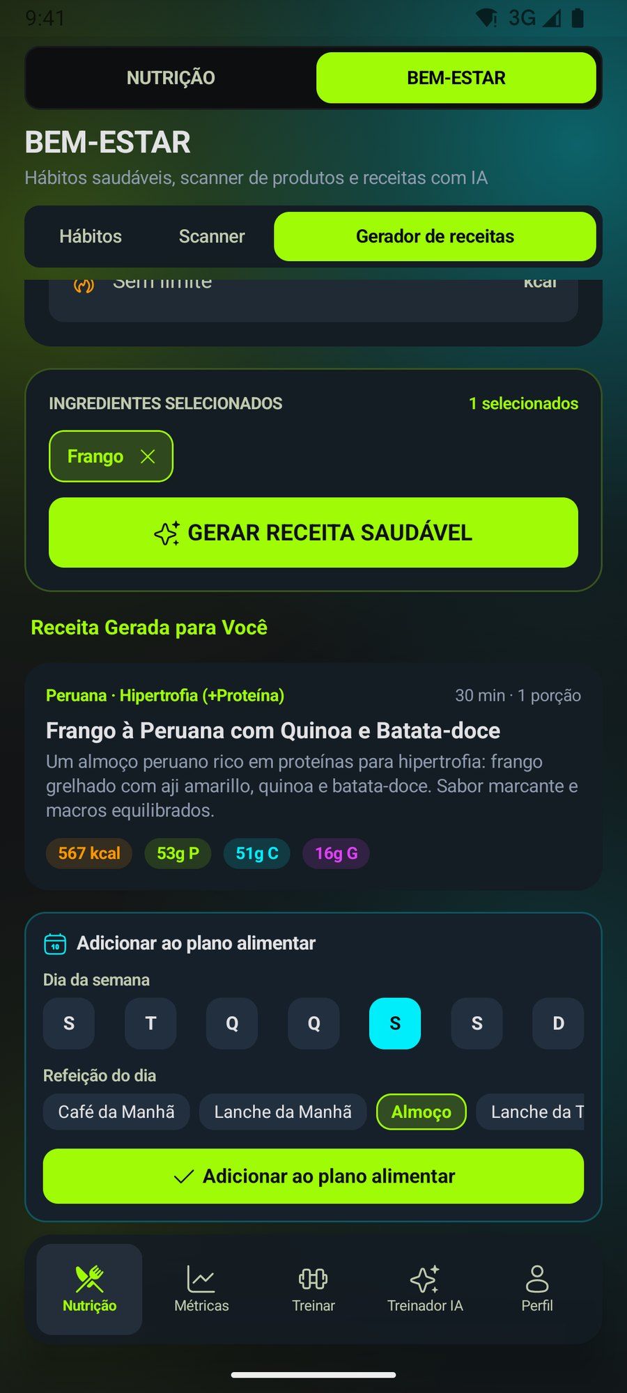Receita gerada por IA com ingredientes e macros