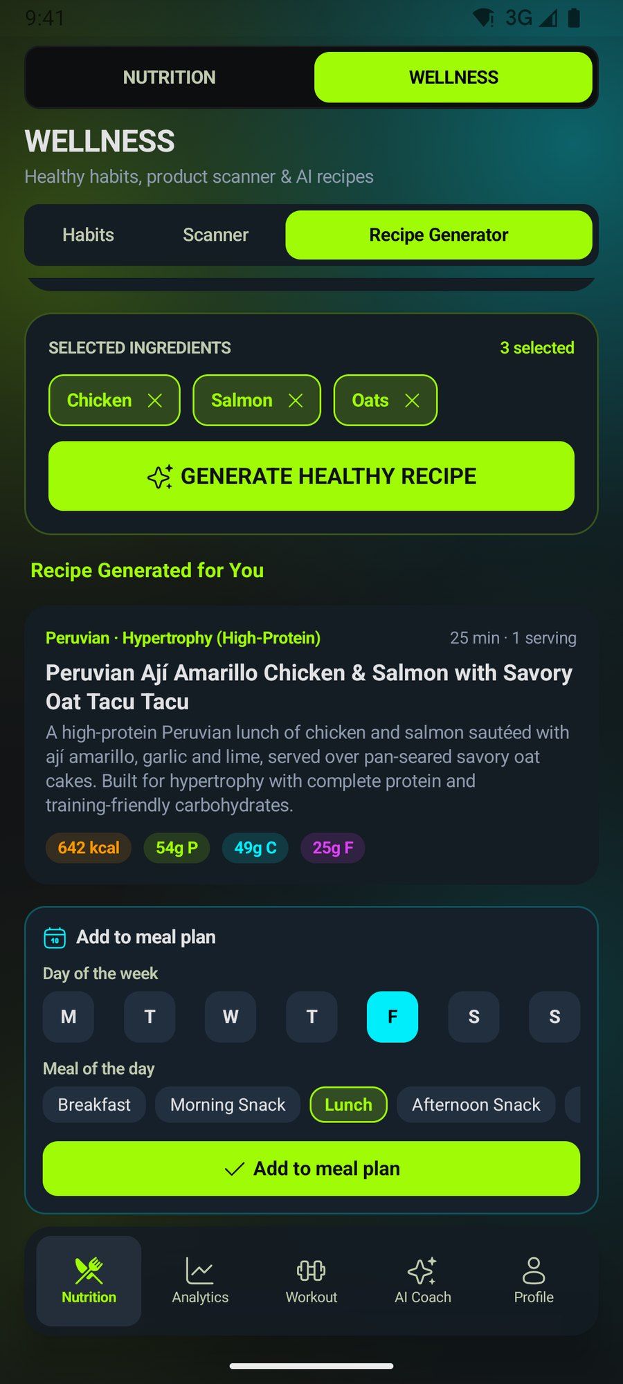 AI-generated recipe with ingredients and macros