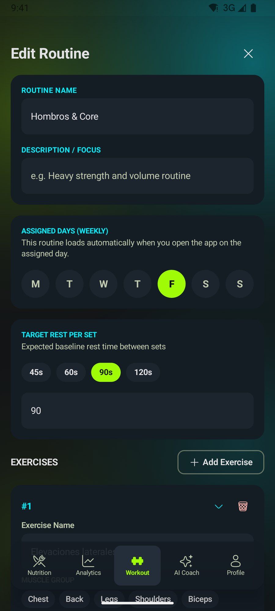 Routine builder with exercises, sets and reps