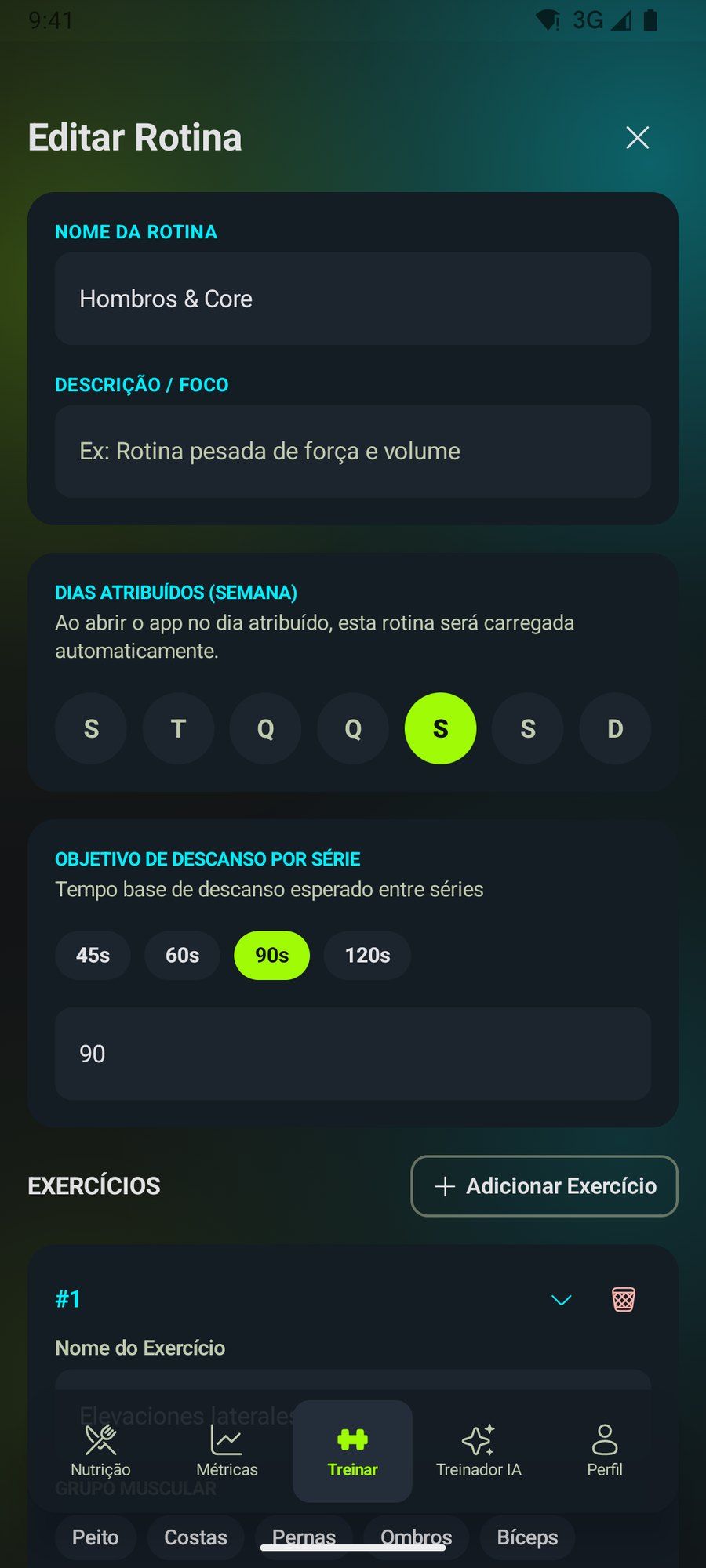 Construtor de rotinas com exercícios, séries e repetições