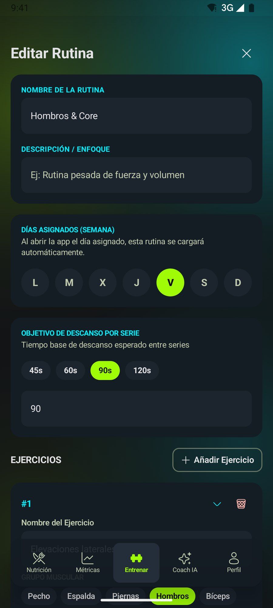 Constructor de rutinas con ejercicios, series y repeticiones