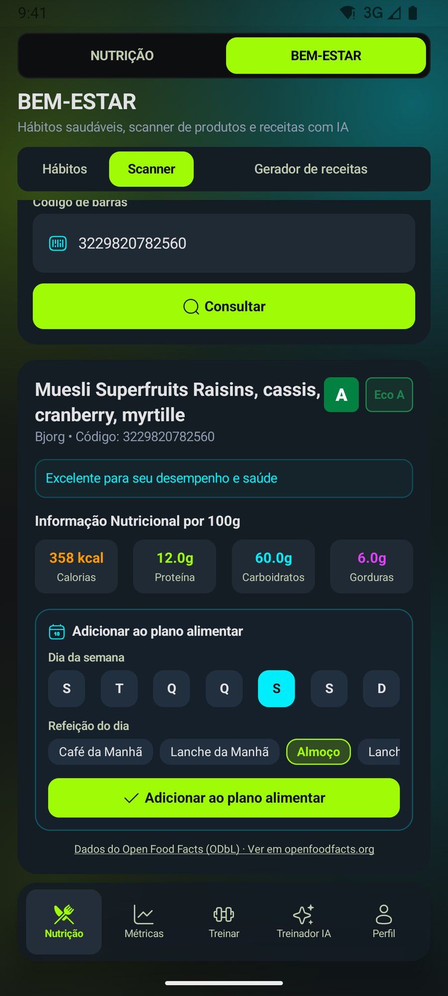 Resultado do scanner de código de barras com Nutri-Score e Eco-Score