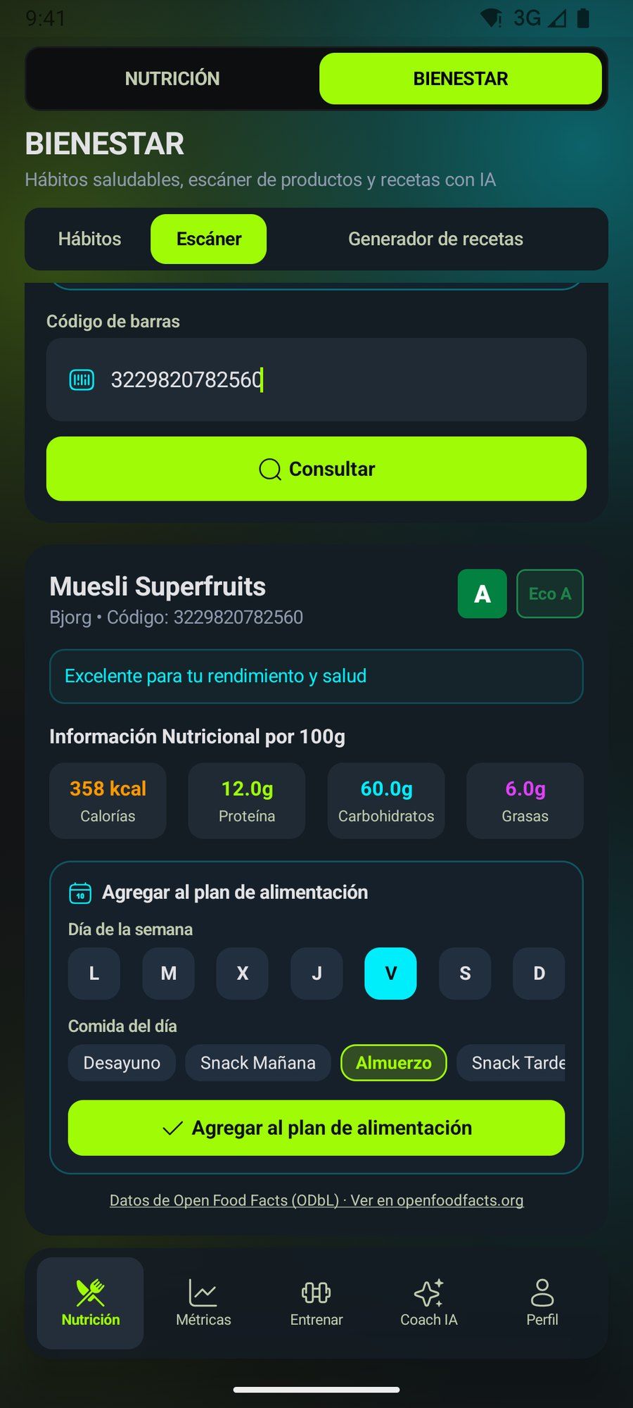 Resultado del escáner de códigos de barras con Nutri-Score y Eco-Score