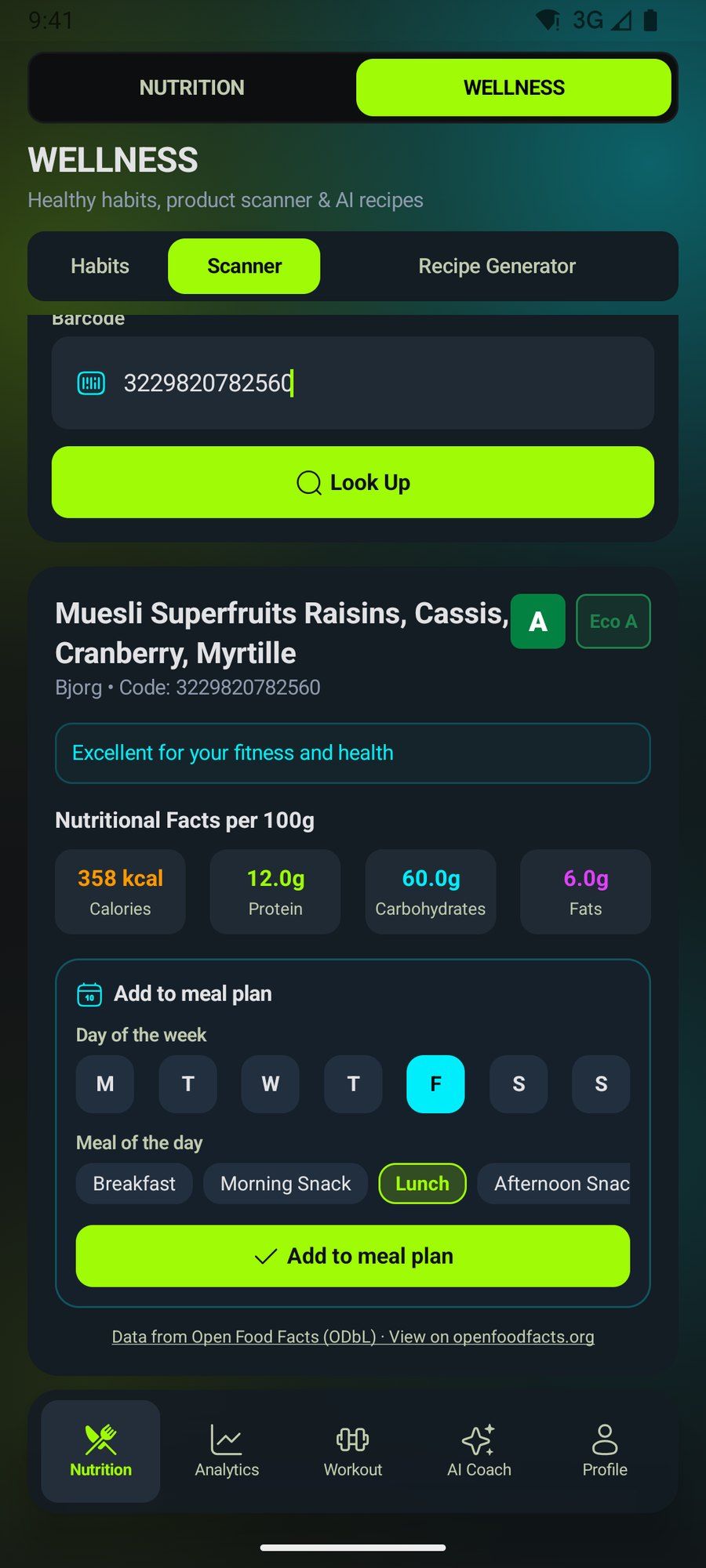 Barcode scanner result with Nutri-Score and Eco-Score