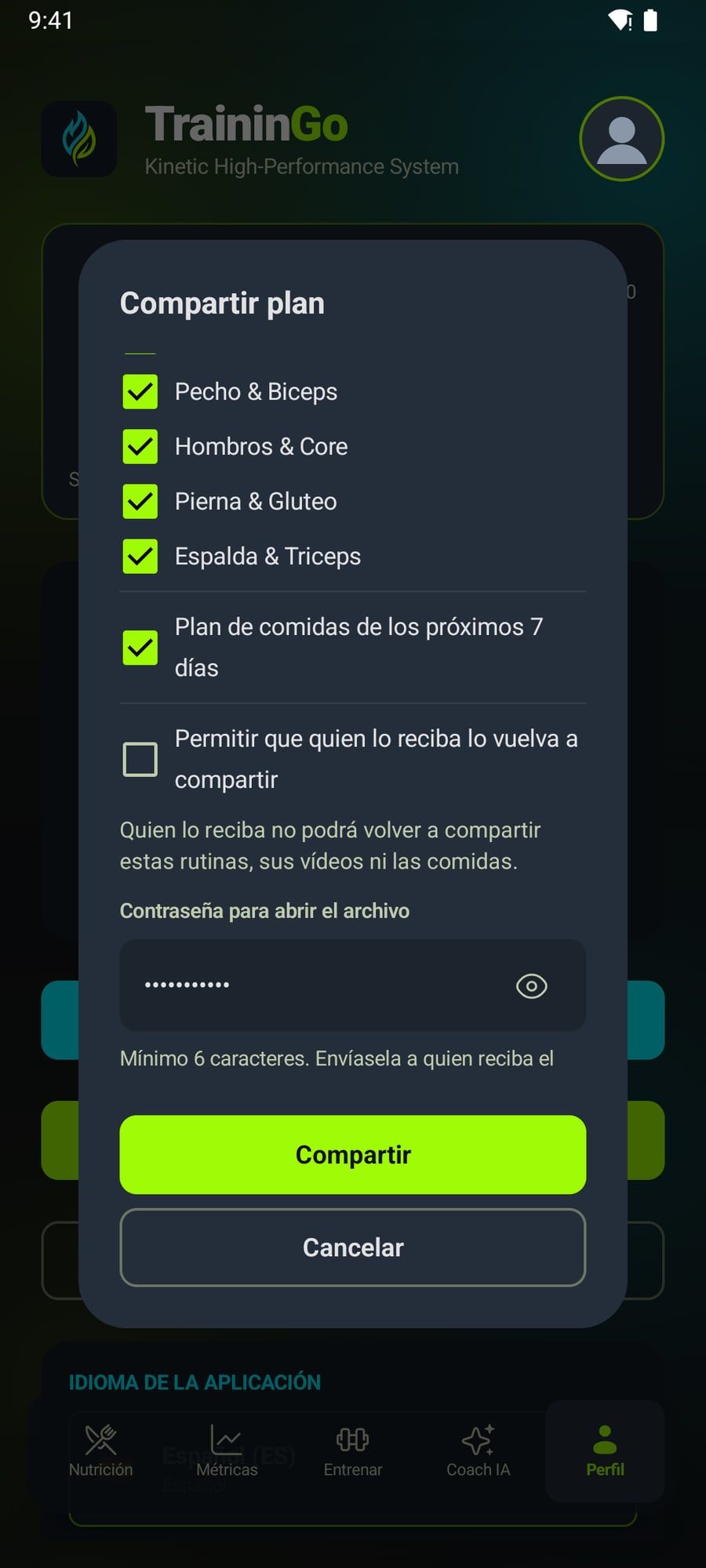 Diálogo para compartir rutinas con contraseña, sin permitir que se vuelvan a compartir