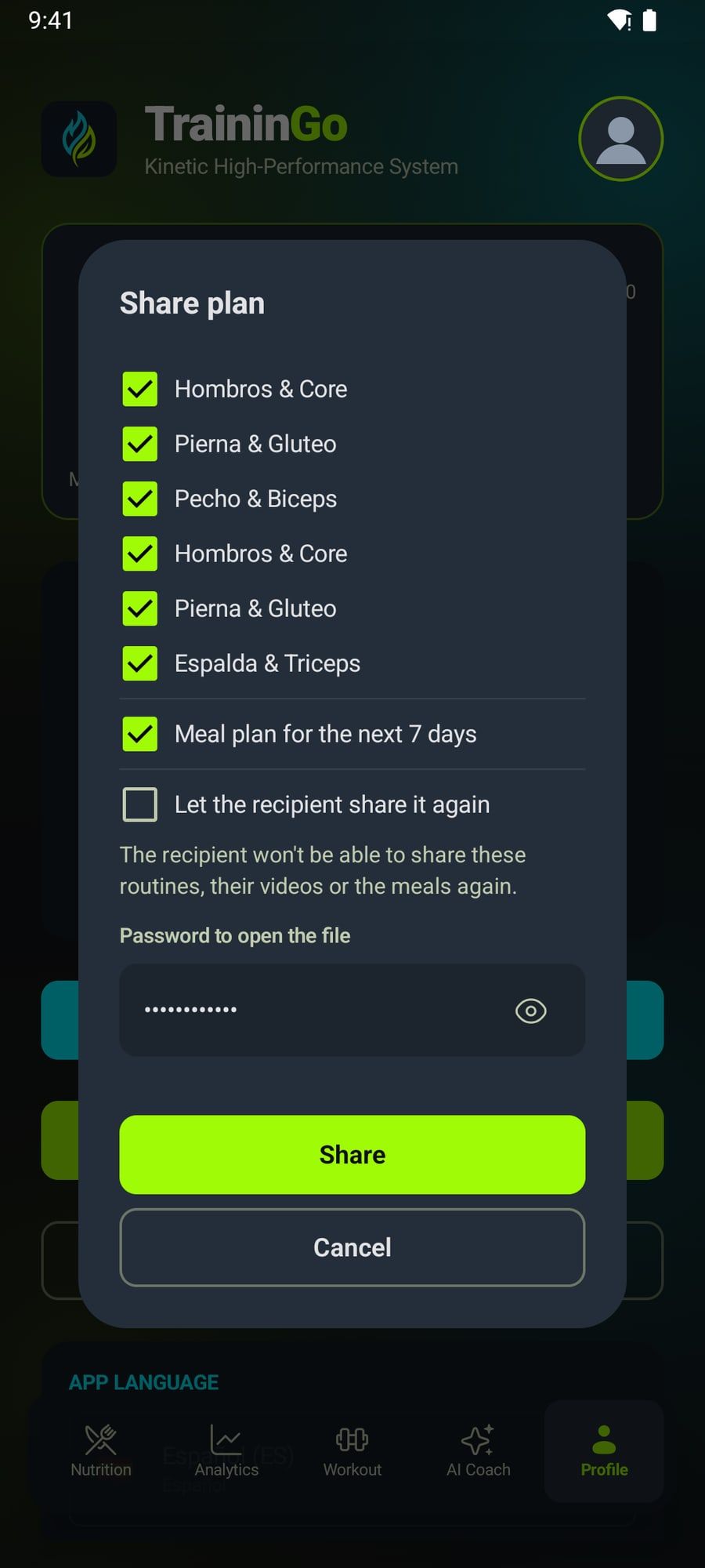 Dialog to share routines with a password, without letting them be shared again