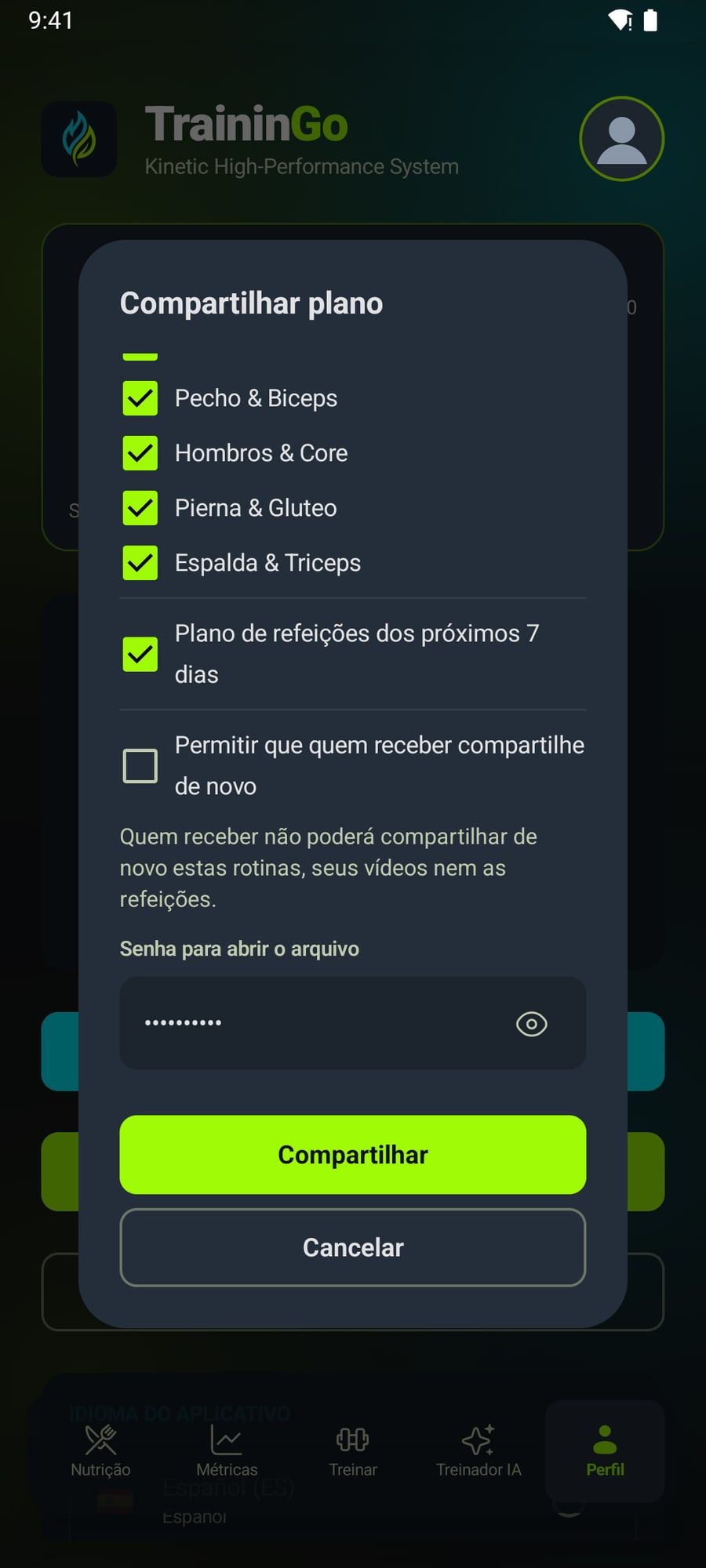 Diálogo para compartilhar rotinas com senha, sem permitir que sejam compartilhadas de novo