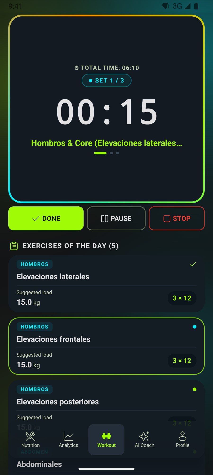 TraininGo workout screen with the set timer