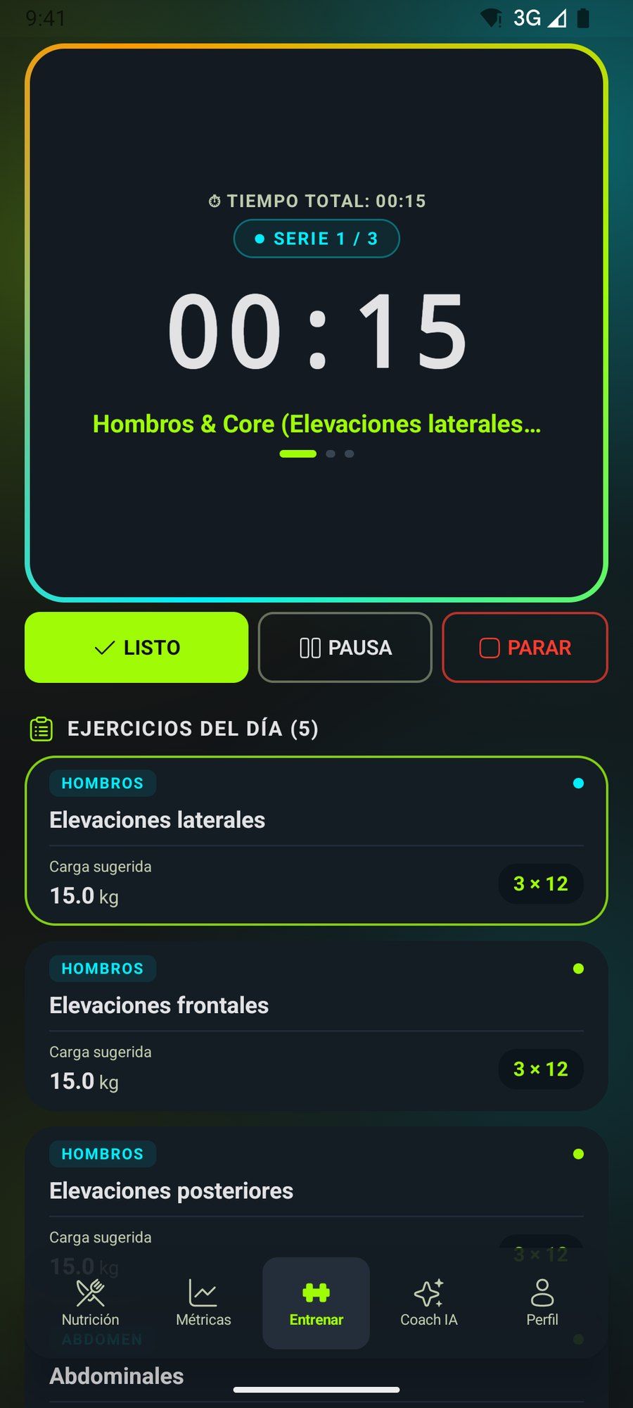 Pantalla de entrenamiento de TraininGo con el cronómetro de series