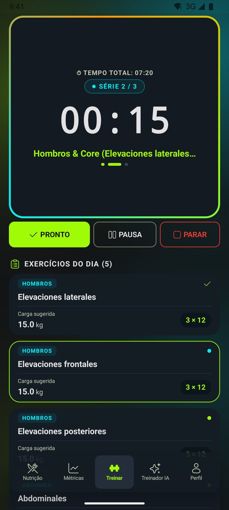 Tela de treino do TraininGo com o cronômetro de séries
